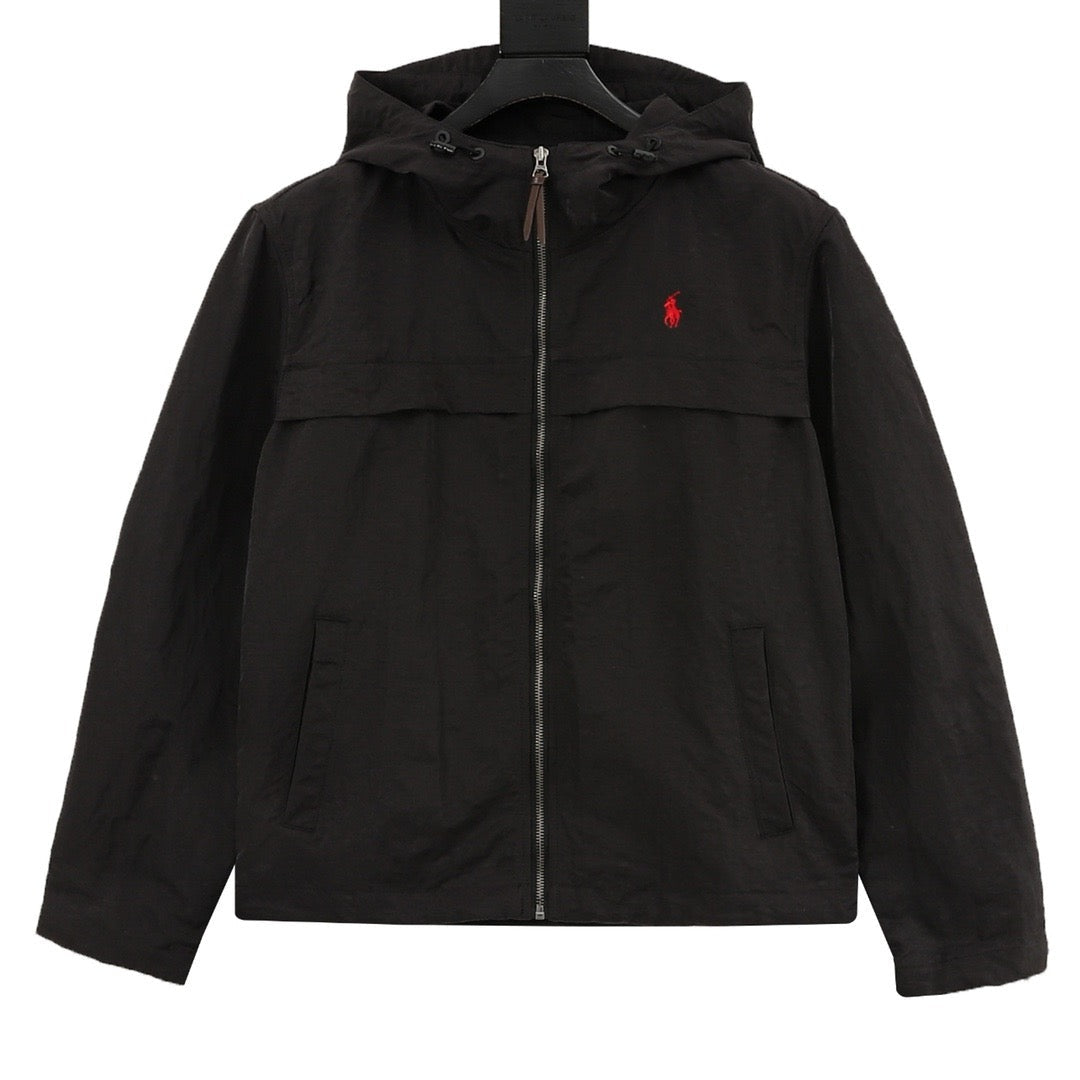 Polo Ralph Lauren Men's Black Hooded Windbreaker with Red Pony Logo