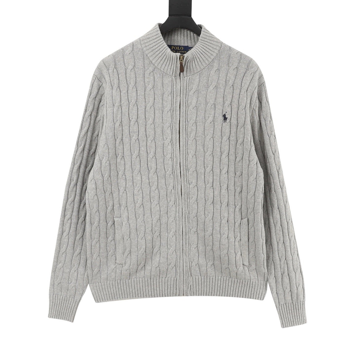 Polo Ralph Lauren Men's Grey Cable-Knit Full-Zip Cardigan with Navy Pony Logo
