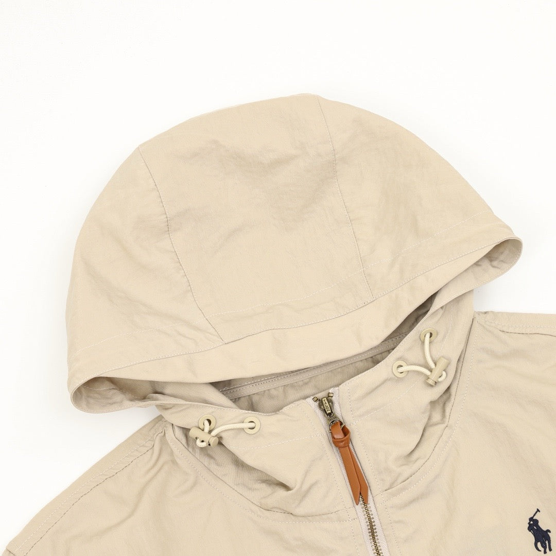 Polo Ralph Lauren Men's Beige Hooded Windbreaker with Navy Pony Logo