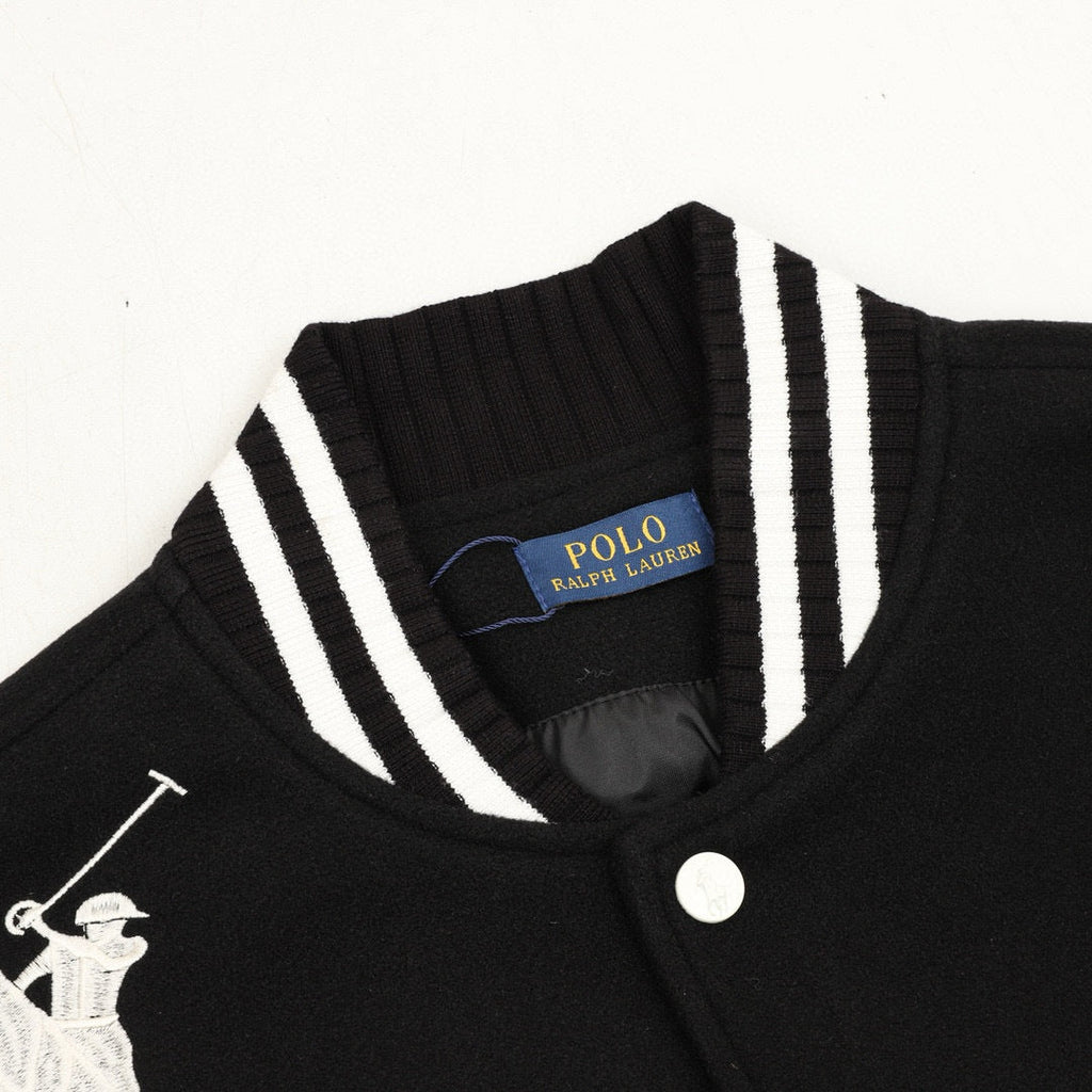 Polo Ralph Lauren Bear Embroidery Series Black‑White Color‑Block Varsity Jacket