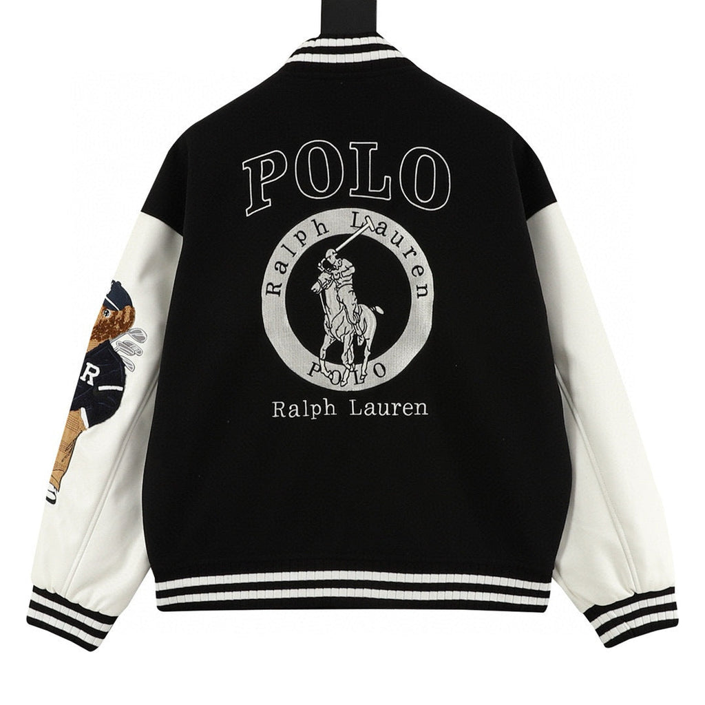 Polo Ralph Lauren Bear Embroidery Series Black‑White Color‑Block Varsity Jacket