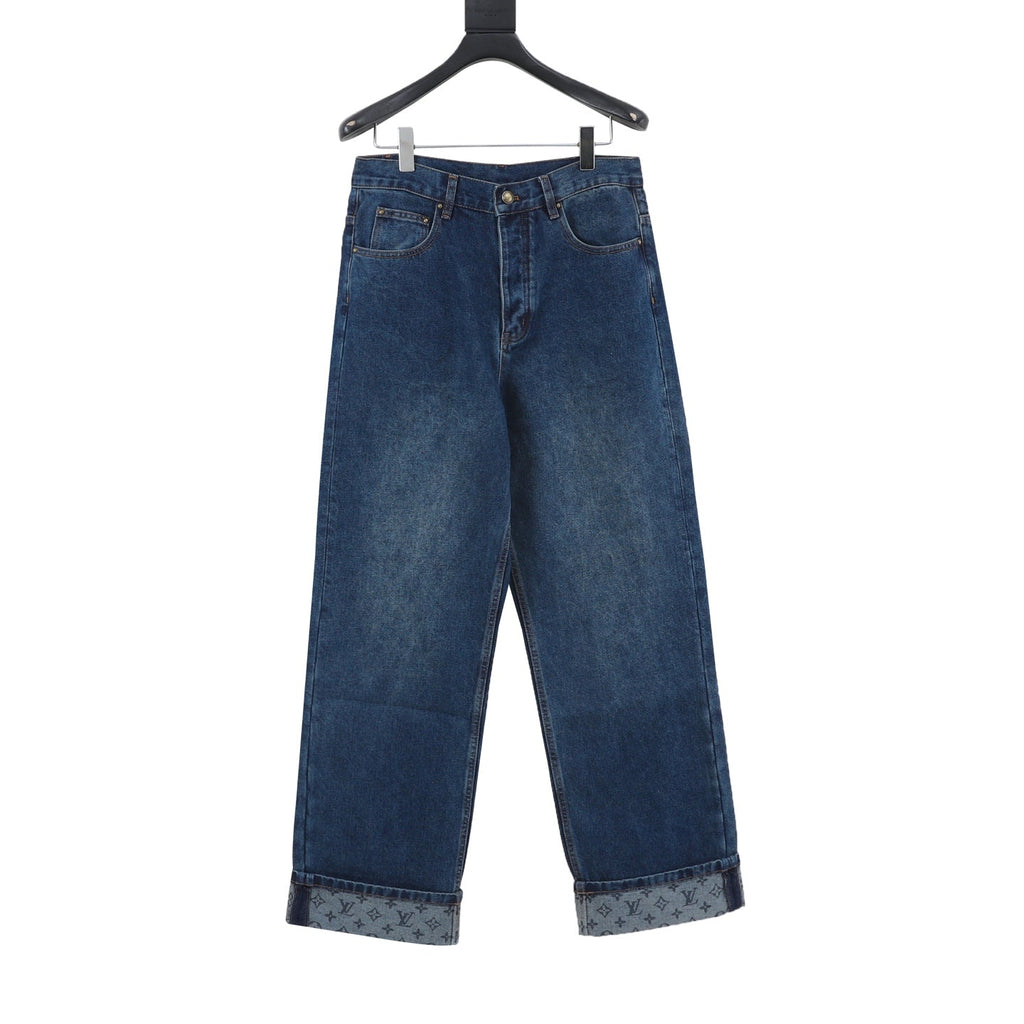 Louis Vuitton Monogram Cuffed Wide‑Leg Denim Jeans Dark Blue