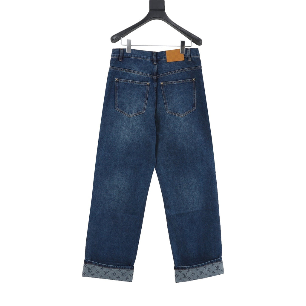 Louis Vuitton Monogram Cuffed Wide‑Leg Denim Jeans Dark Blue