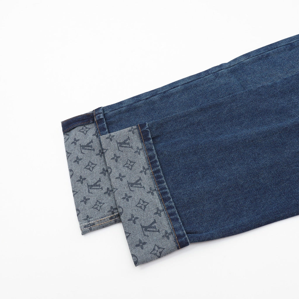 Louis Vuitton Monogram Cuffed Wide‑Leg Denim Jeans Dark Blue