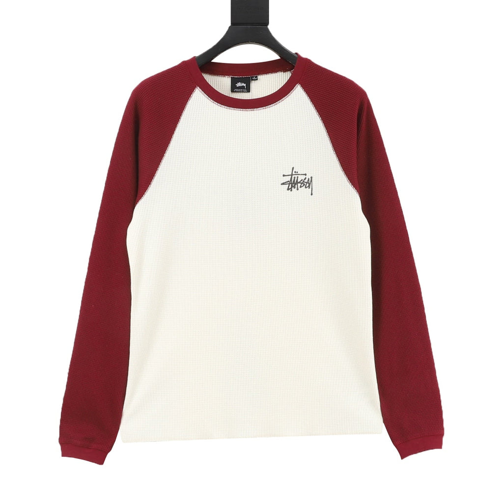 Stussy Logo Raglan Waffle Long‑Sleeve Tee Off‑White Burgundy