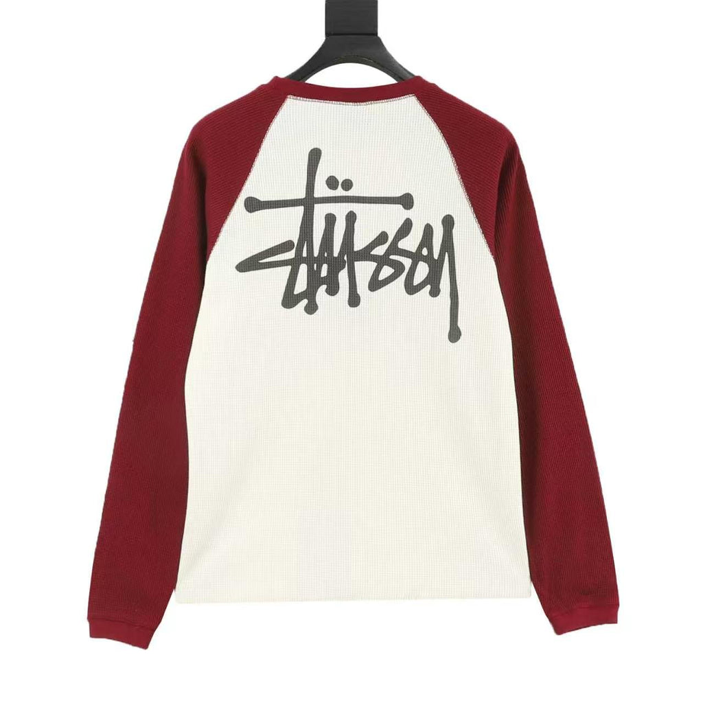 Stussy Logo Raglan Waffle Long‑Sleeve Tee Off‑White Burgundy