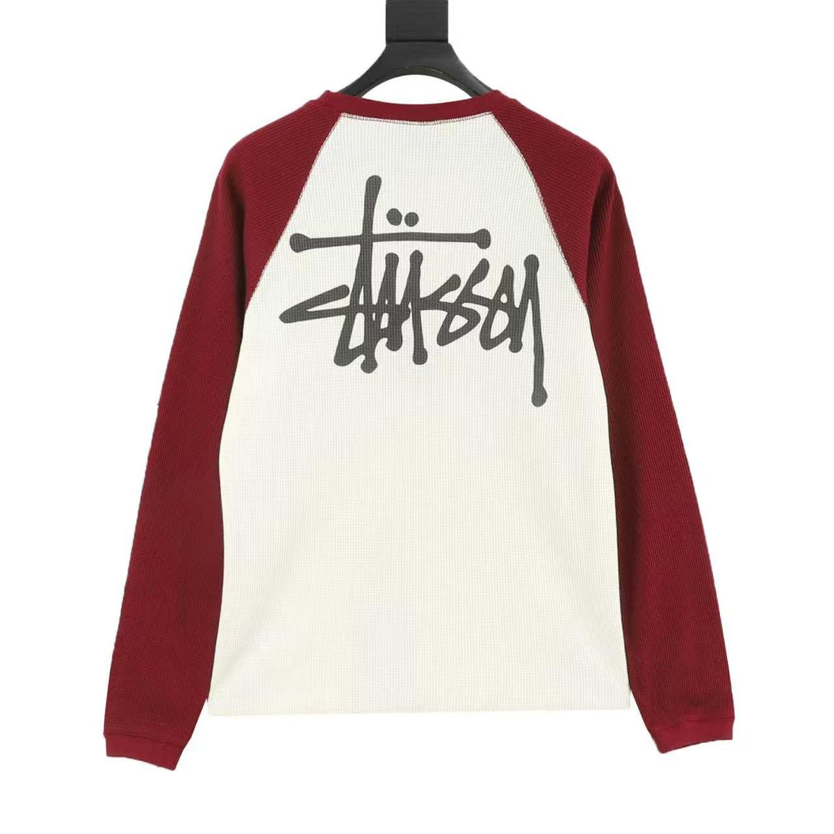 Stussy Logo Raglan Waffle Long‑Sleeve Tee Off‑White Burgundy