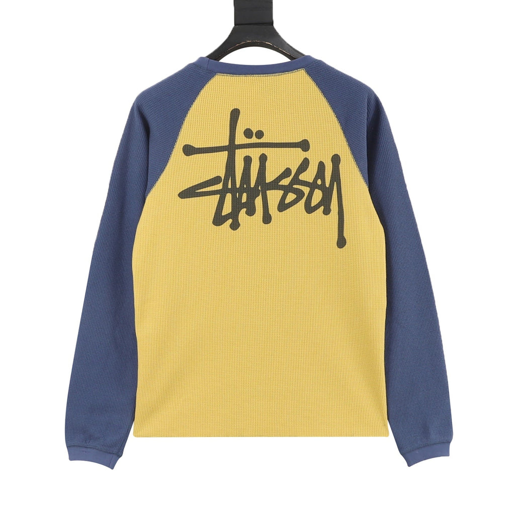Stussy Logo Raglan Waffle Long‑Sleeve Tee Yellow Blue