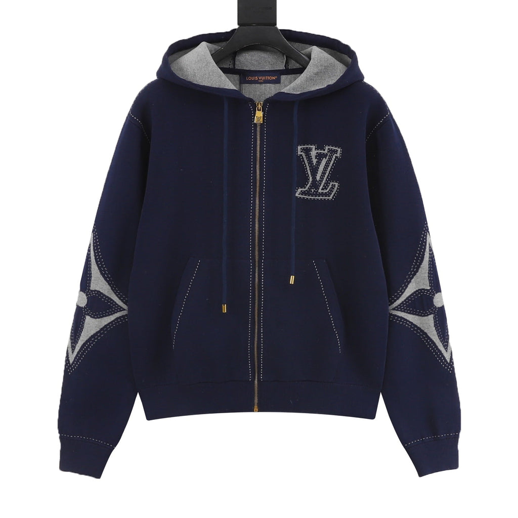Louis Vuitton LV Logo Stitched Full‑Zip Hoodie Navy Blue