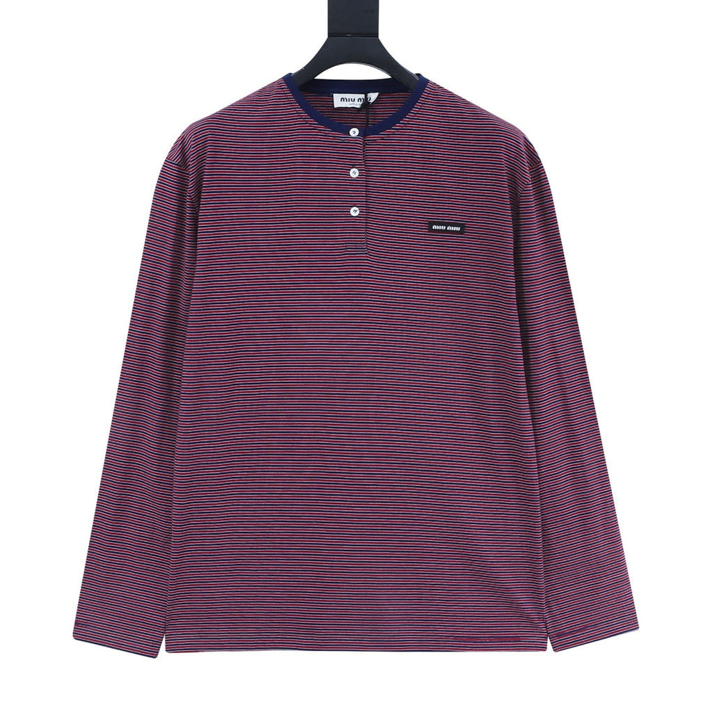 Miu Miu Striped Henley Neck Long‑Sleeve Top Red Navy