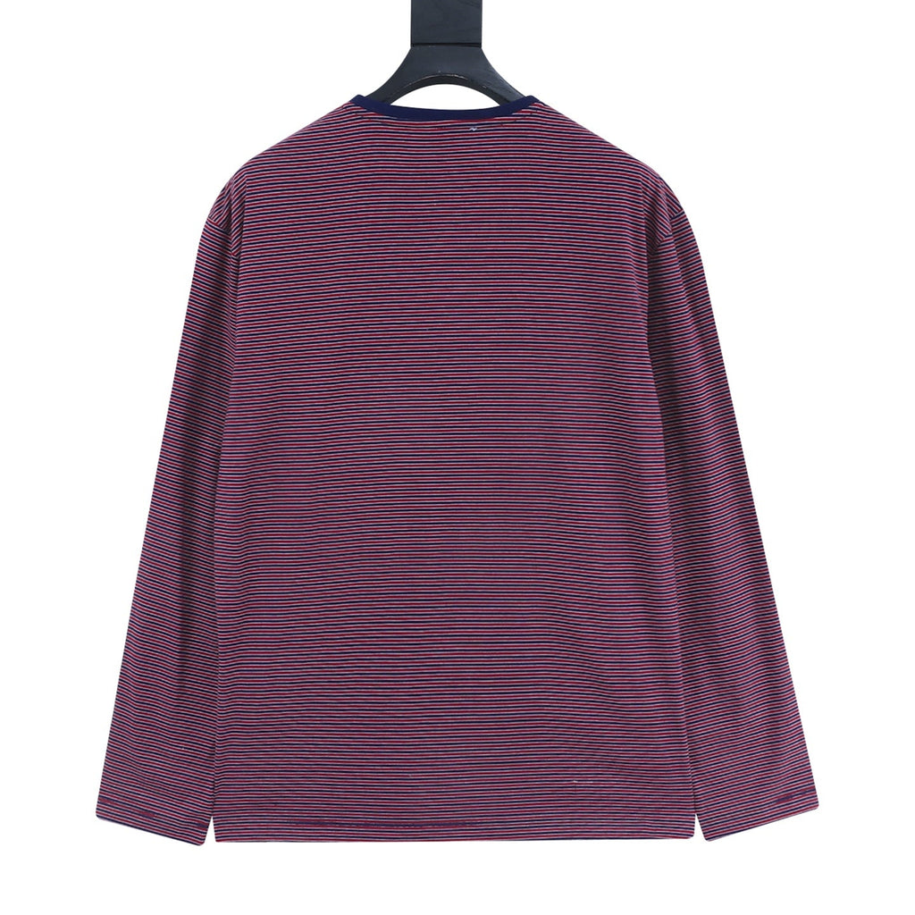Miu Miu Striped Henley Neck Long‑Sleeve Top Red Navy