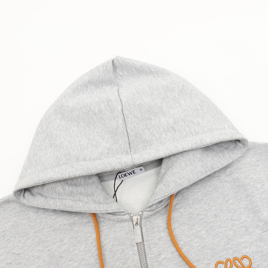 Loewe Anagram‑Logo Full‑Zip Hoodie Light Grey Orange Drawstring