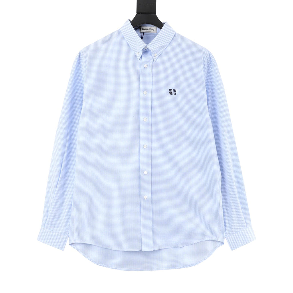 Miu Miu Gingham Embroidered Logo Long‑Sleeve Shirt Light Blue