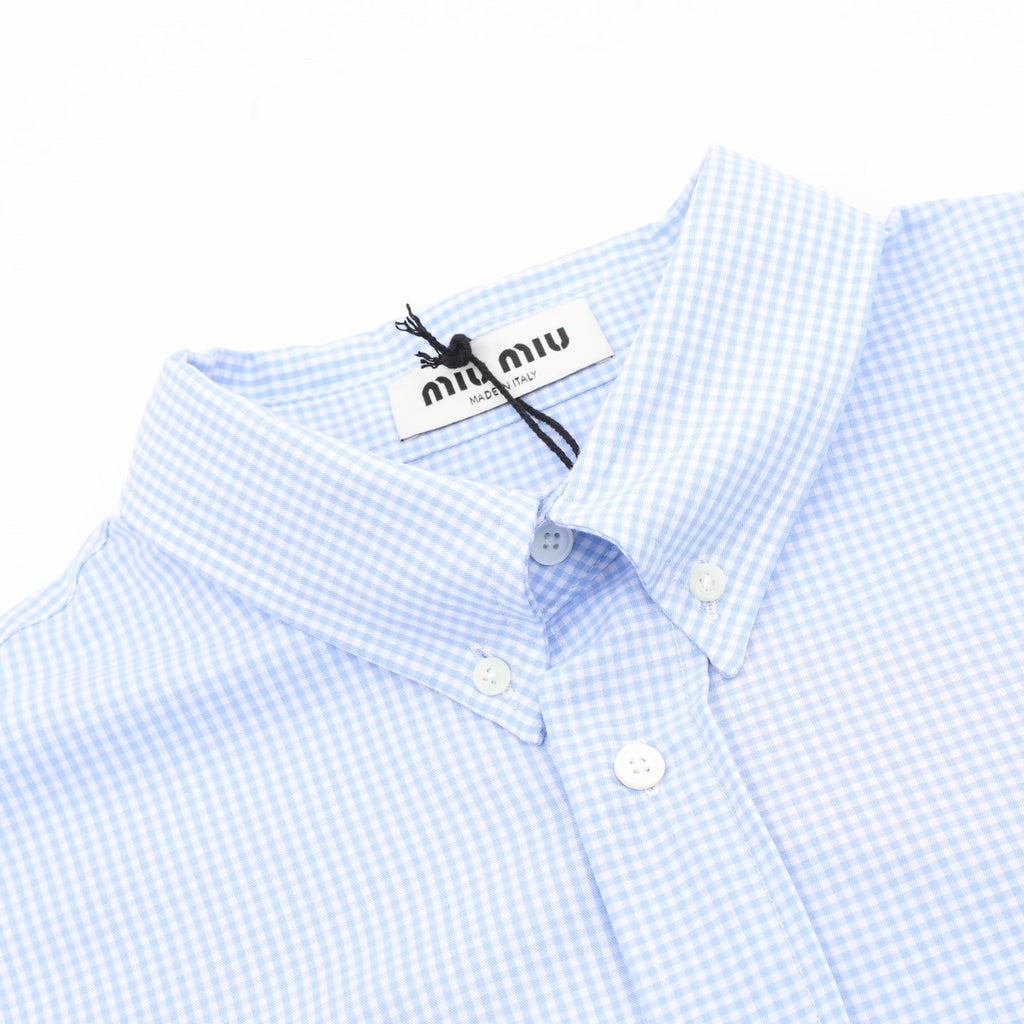 Miu Miu Gingham Embroidered Logo Long‑Sleeve Shirt Light Blue