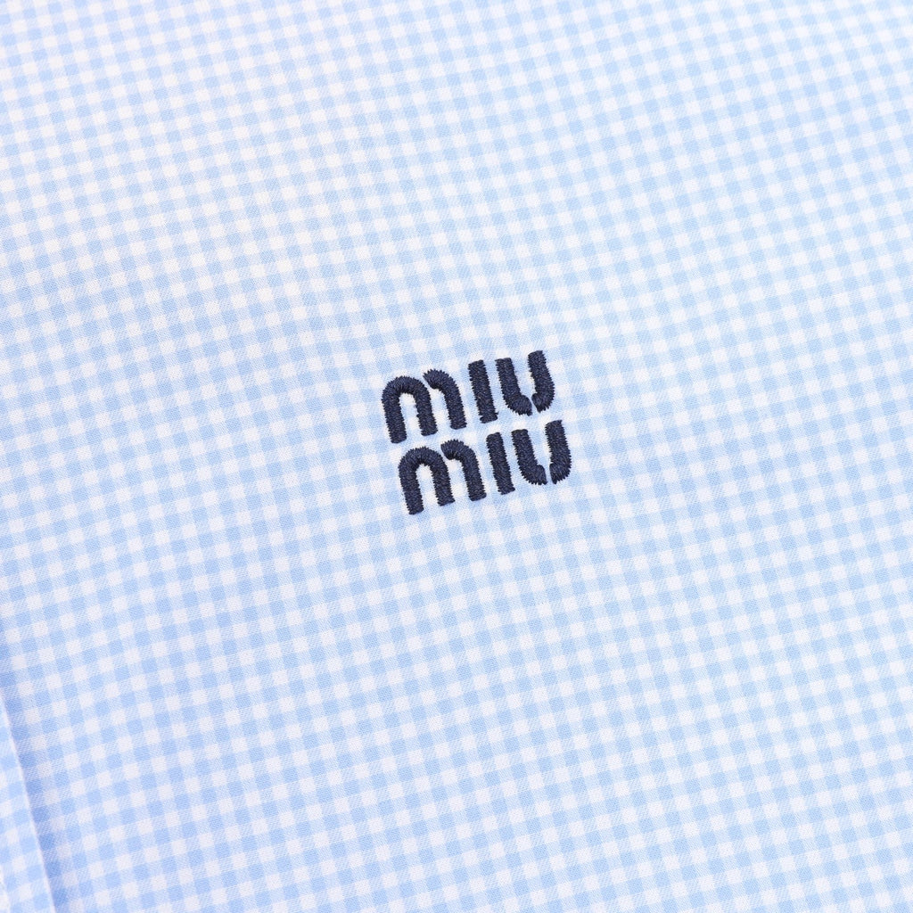 Miu Miu Gingham Embroidered Logo Long‑Sleeve Shirt Light Blue