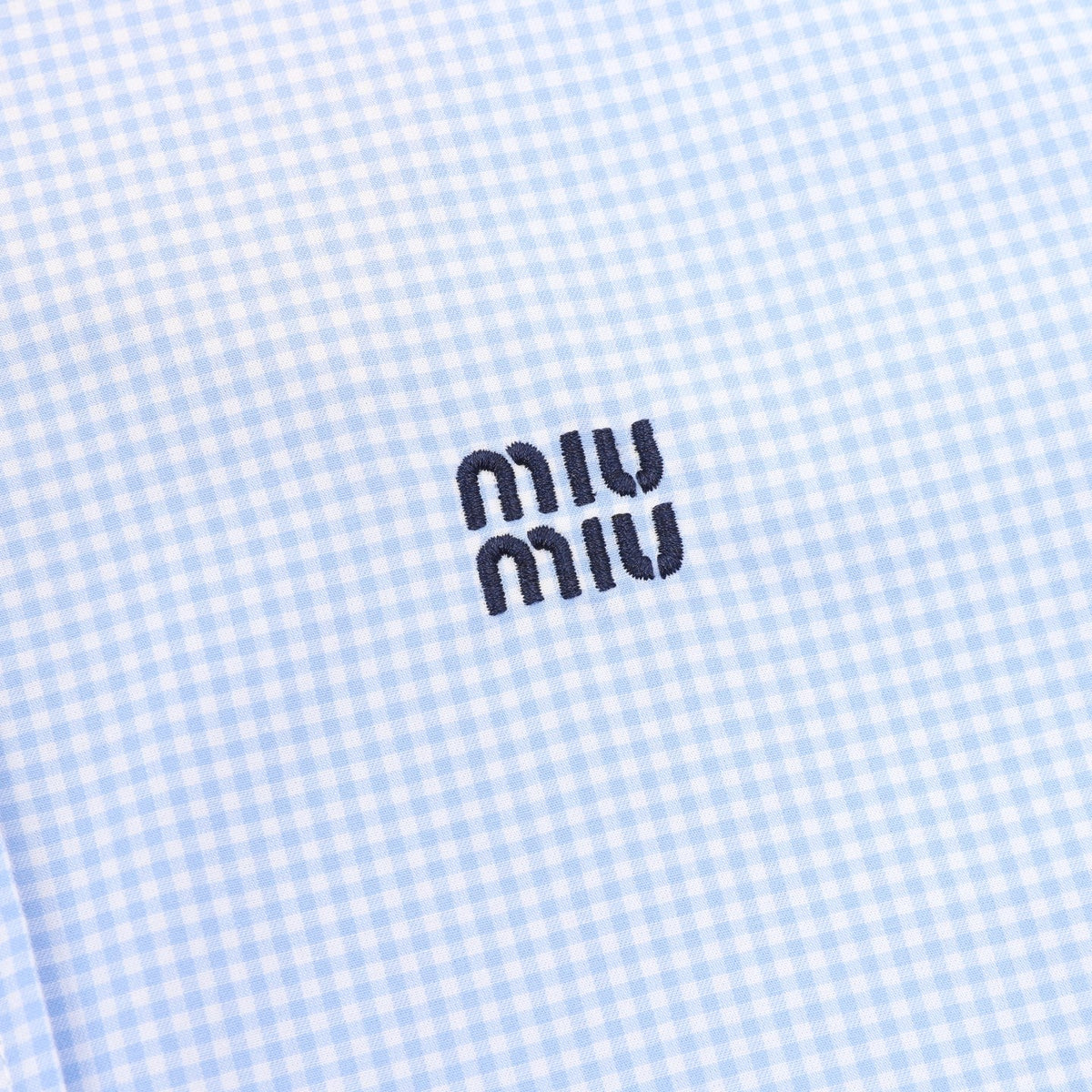 Miu Miu Gingham Embroidered Logo Long‑Sleeve Shirt Light Blue
