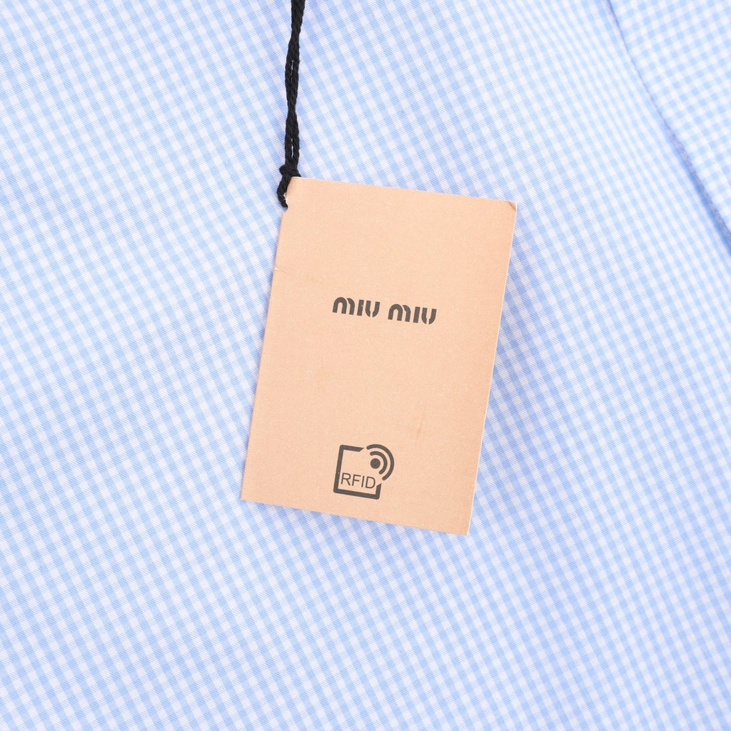 Miu Miu Gingham Embroidered Logo Long‑Sleeve Shirt Light Blue
