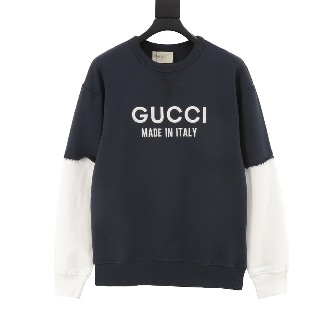 Gucci Embroidered Logo Color Block Crew Neck Sweatshirt Navy White