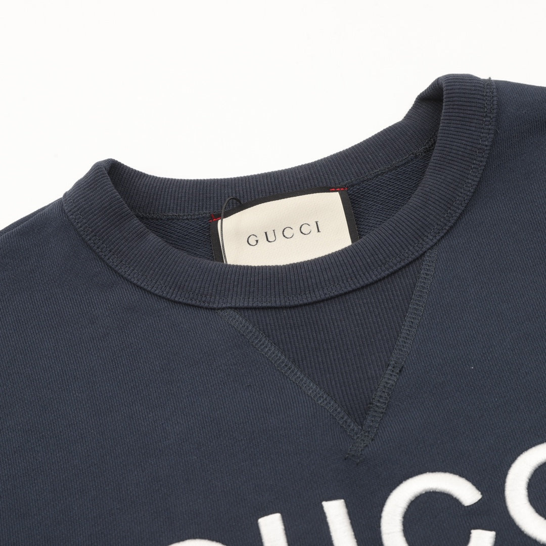 Gucci Embroidered Logo Color Block Crew Neck Sweatshirt Navy White