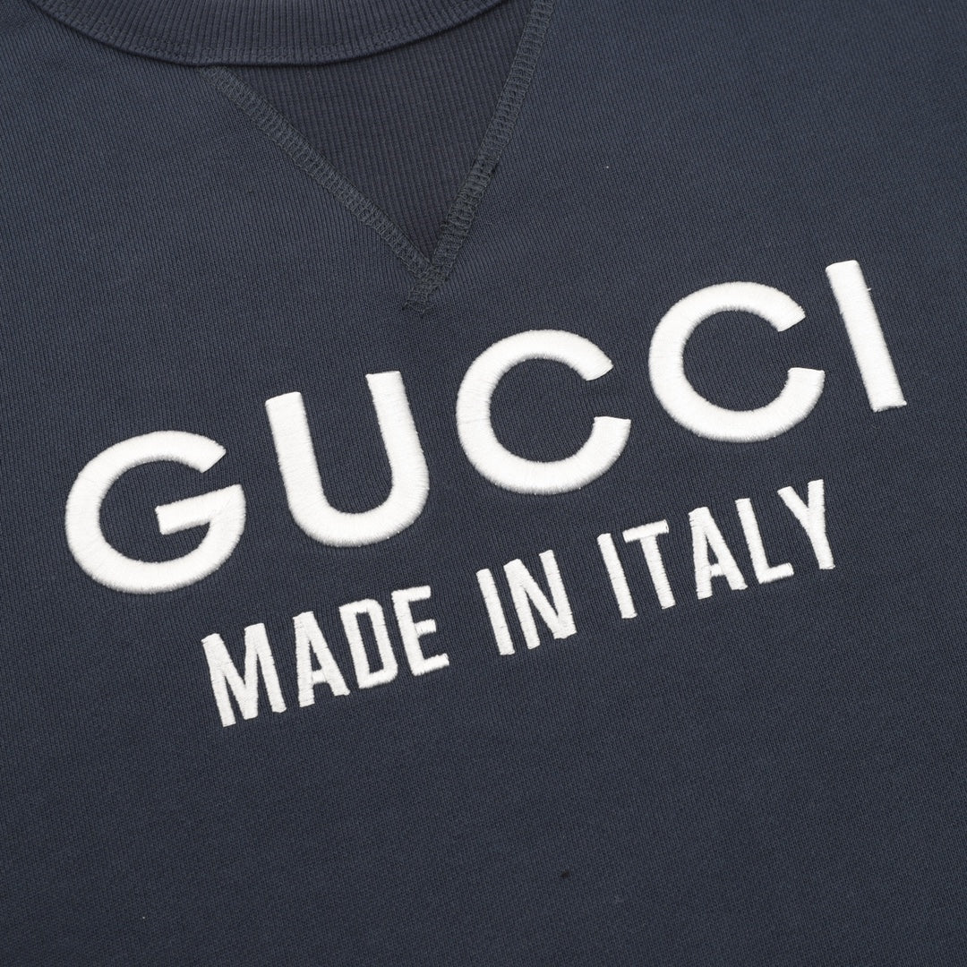 Gucci Embroidered Logo Color Block Crew Neck Sweatshirt Navy White