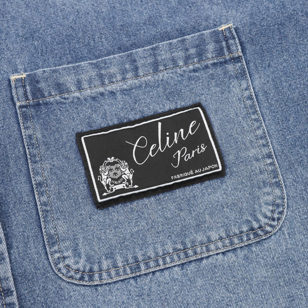 Celine Paris Patch Logo Blue Washed Denim Long Sleeve Shirt