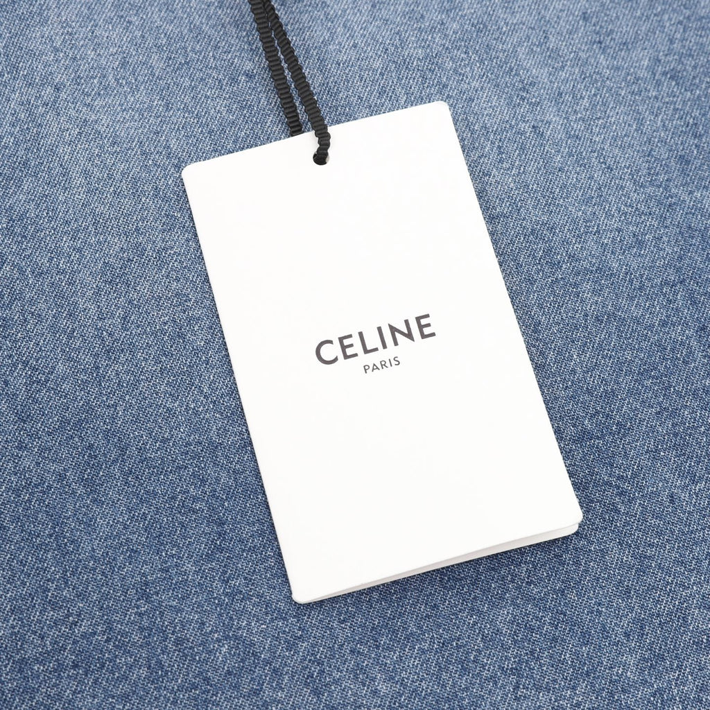 Celine Paris Patch Logo Blue Washed Denim Long Sleeve Shirt