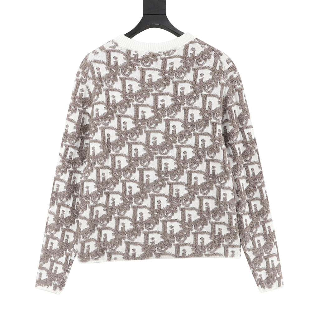 Dior Oblique Jacquard Zip Knit Cardigan White Taupe