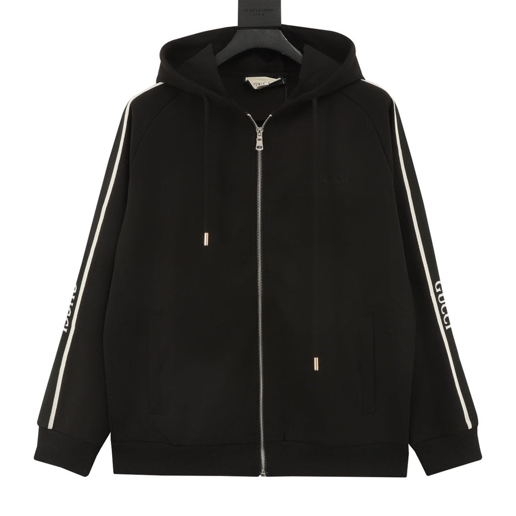 Gucci Side Stripe Logo Embroidered Full Zip Hooded Jacket Black