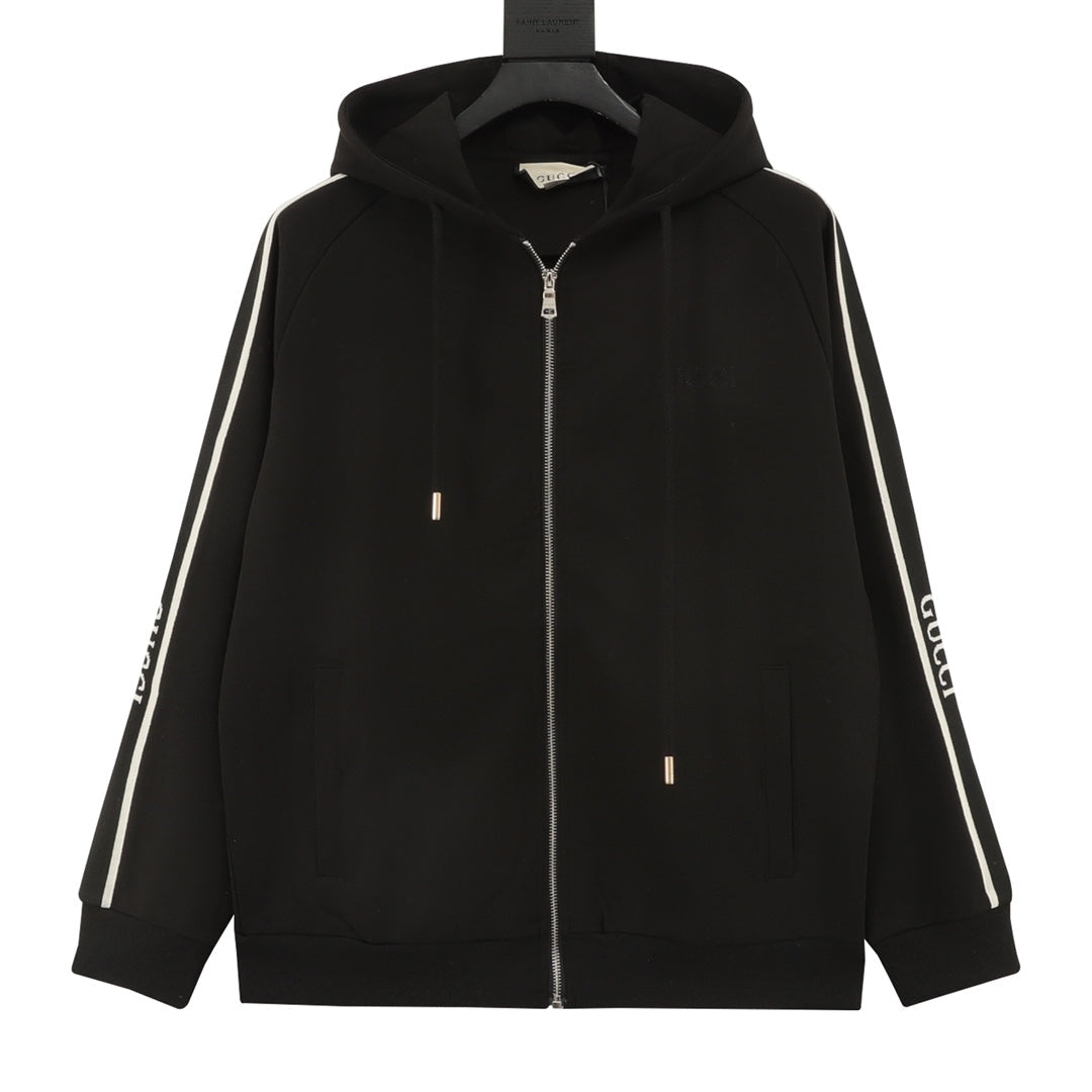 Gucci Side Stripe Logo Embroidered Full Zip Hooded Jacket Black