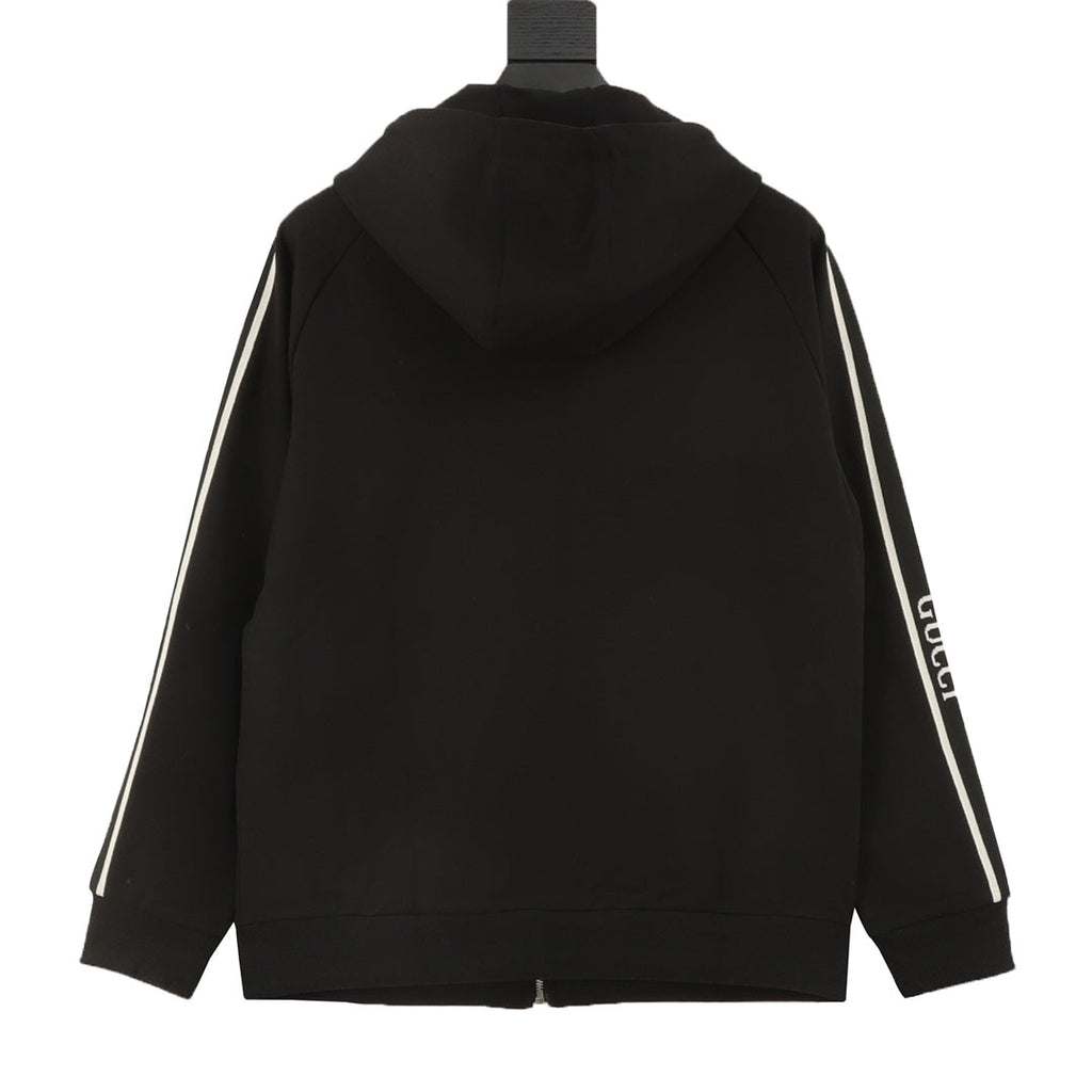 Gucci Side Stripe Logo Embroidered Full Zip Hooded Jacket Black