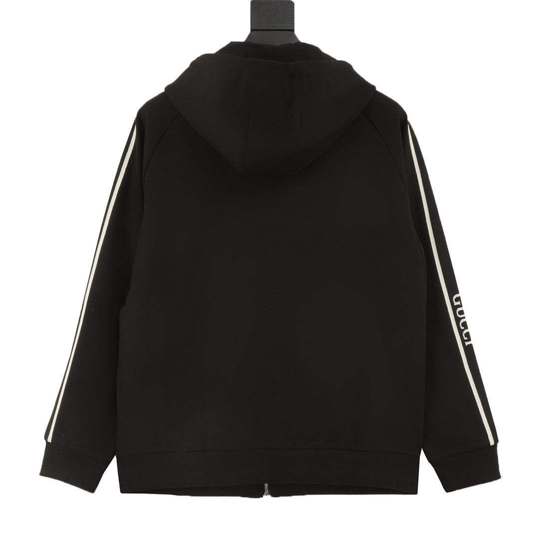 Gucci Side Stripe Logo Embroidered Full Zip Hooded Jacket Black