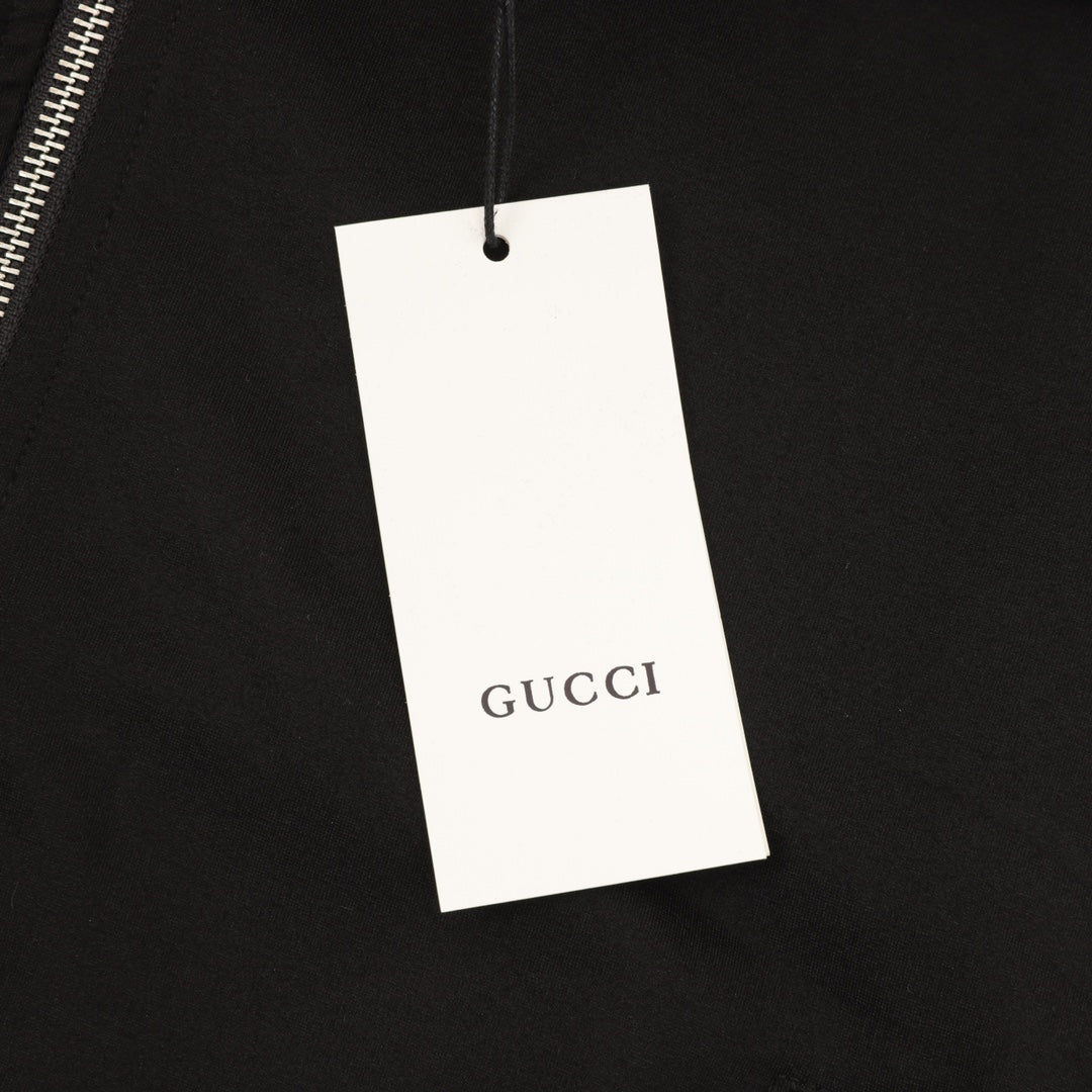 Gucci Side Stripe Logo Embroidered Full Zip Hooded Jacket Black