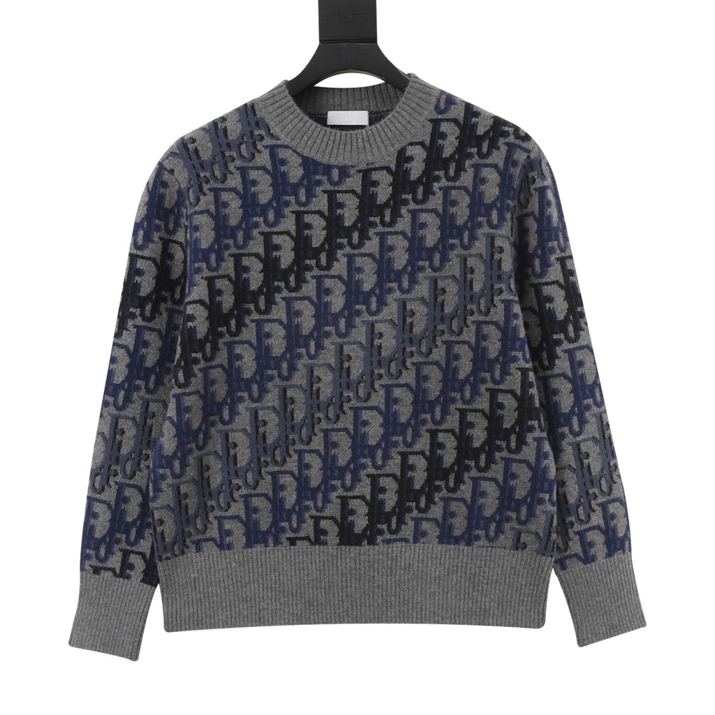 Dior Oblique Crew Neck Wool Sweater Grey Blue