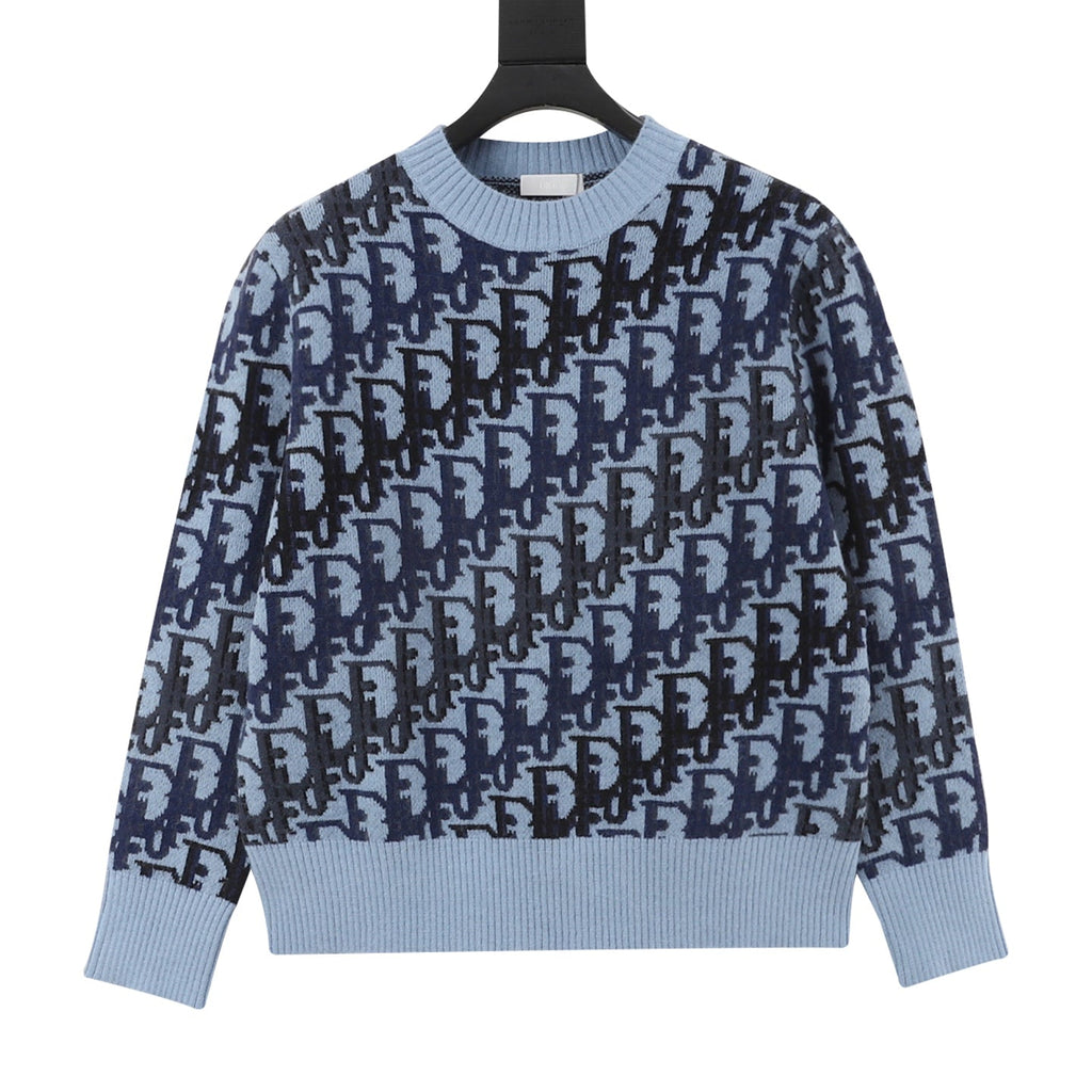 Dior Oblique All Over Logo Light Blue Crew Neck Knit Sweater
