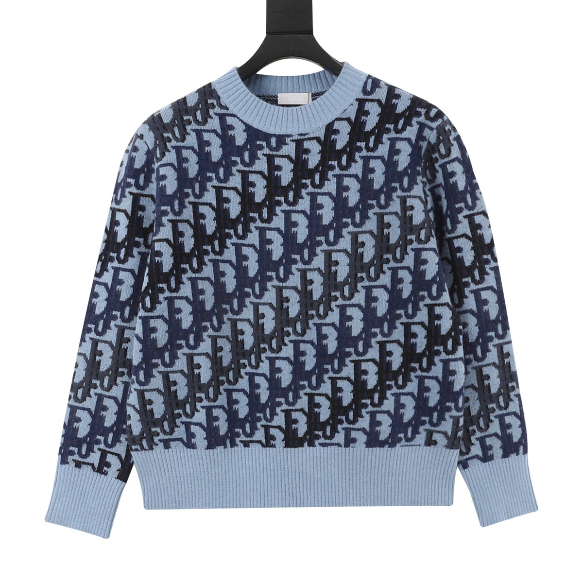 Dior Oblique All Over Logo Light Blue Crew Neck Knit Sweater