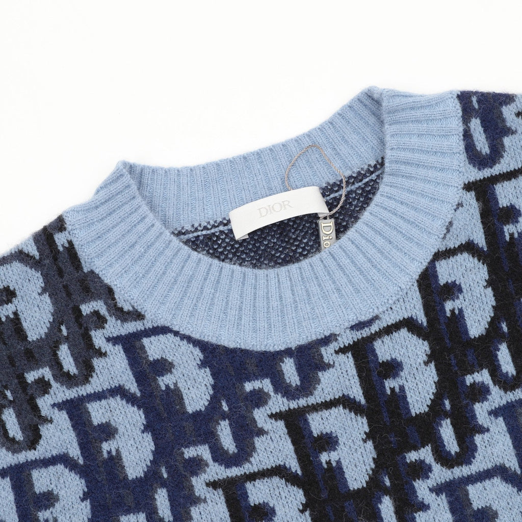 Dior Oblique All Over Logo Light Blue Crew Neck Knit Sweater