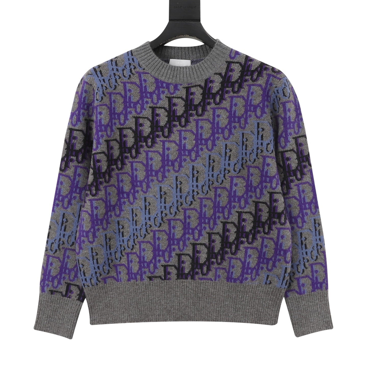 Dior Oblique All Over Logo Gray Purple Crew Neck Knit Sweater