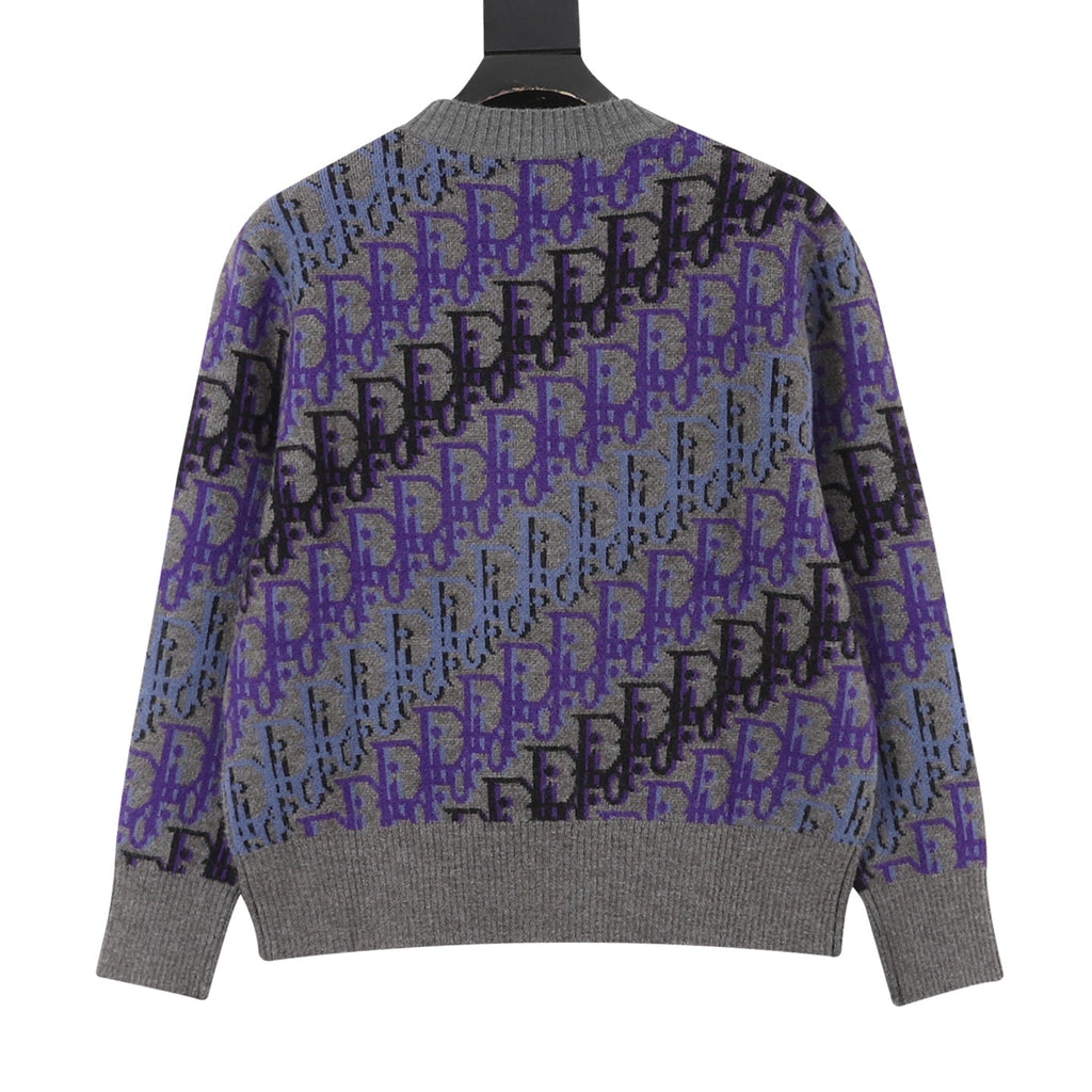 Dior Oblique All Over Logo Gray Purple Crew Neck Knit Sweater