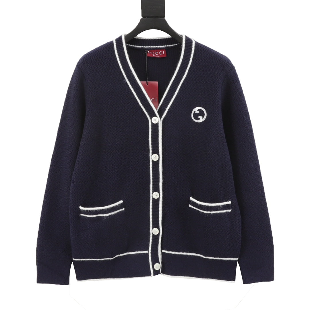 Gucci Interlocking G Logo V Neck Wool Cardigan Navy White