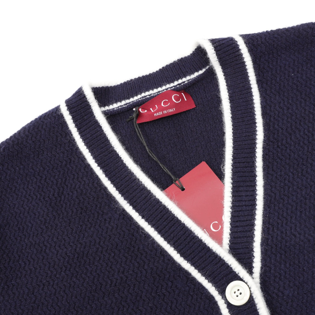 Gucci Interlocking G Logo V Neck Wool Cardigan Navy White