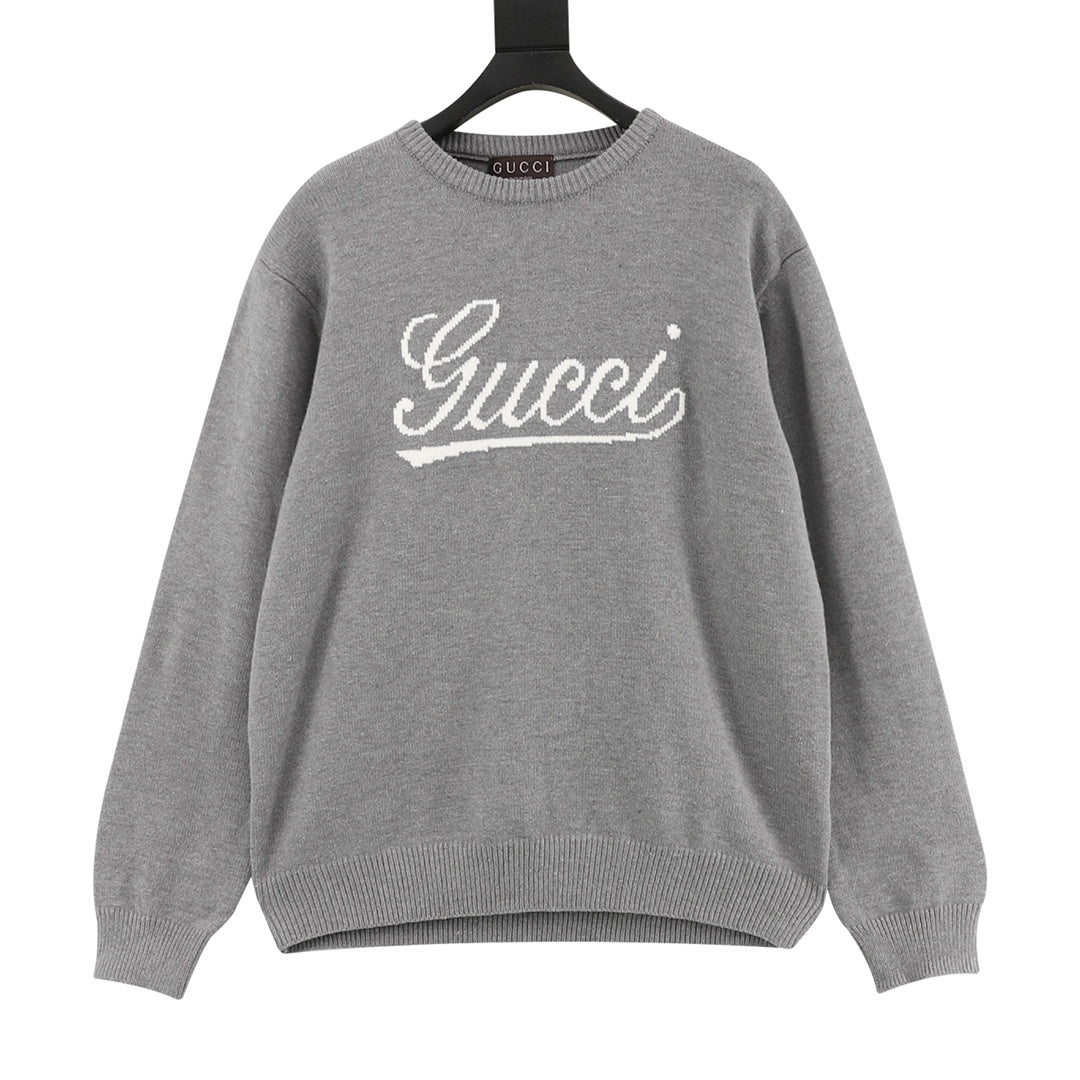Gucci Vintage Script Logo Crew Neck Wool Sweater Grey