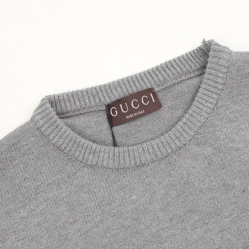 Gucci Vintage Script Logo Crew Neck Wool Sweater Grey