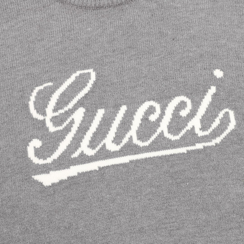 Gucci Vintage Script Logo Crew Neck Wool Sweater Grey