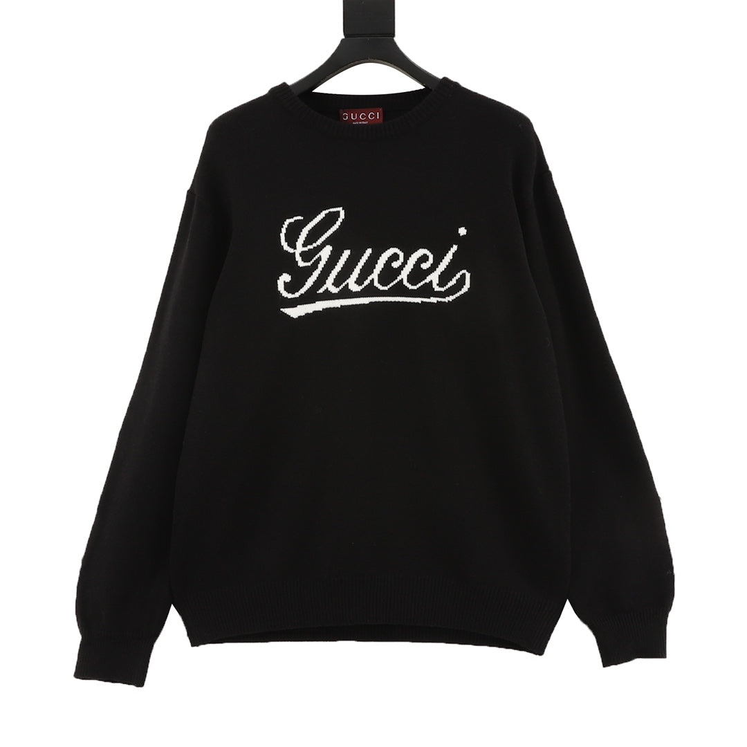 Gucci Vintage Script Logo Crew Neck Wool Sweater Black