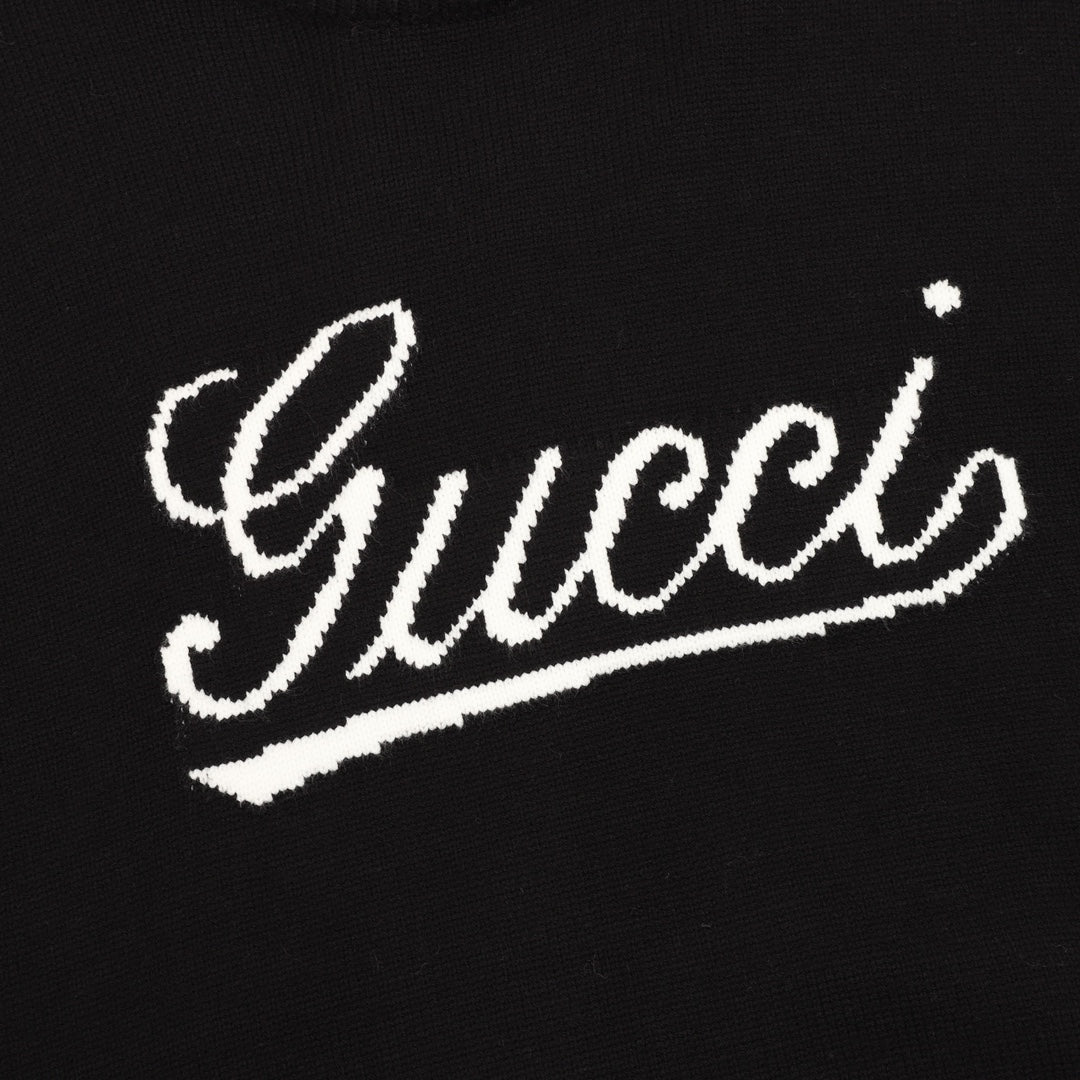 Gucci Vintage Script Logo Crew Neck Wool Sweater Black