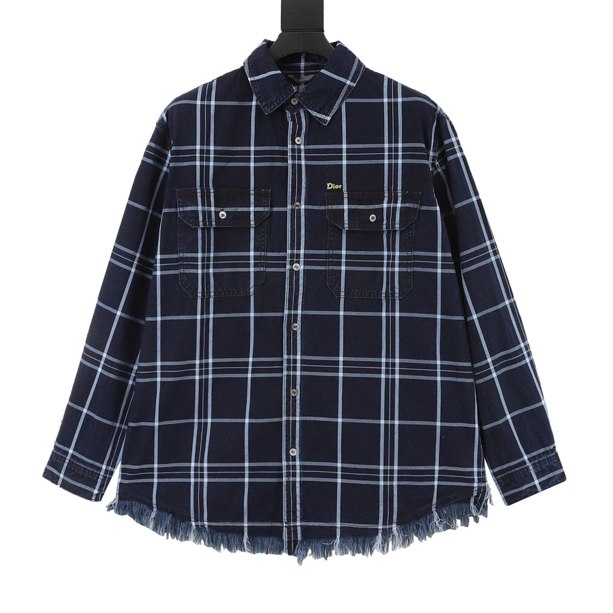 Dior Plaid Fringe Hem Long Sleeve Shirt Navy Blue
