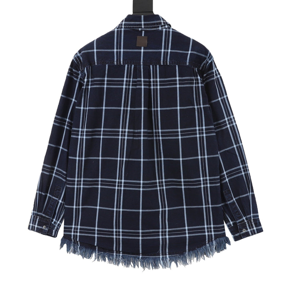 Dior Plaid Fringe Hem Long Sleeve Shirt Navy Blue