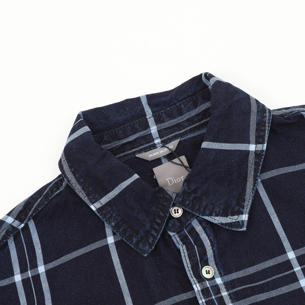 Dior Plaid Fringe Hem Long Sleeve Shirt Navy Blue