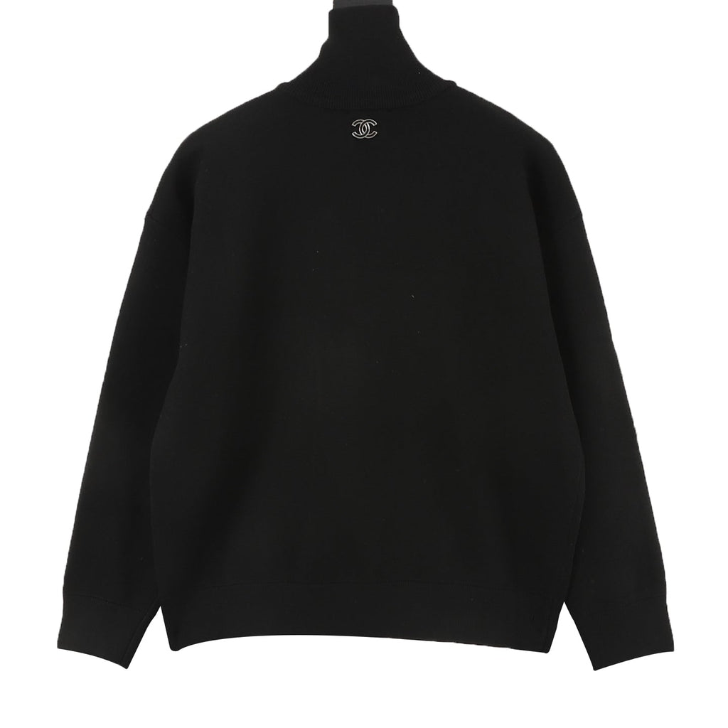 Chanel Double C Logo Black Half Zip Turtleneck Knit Sweater