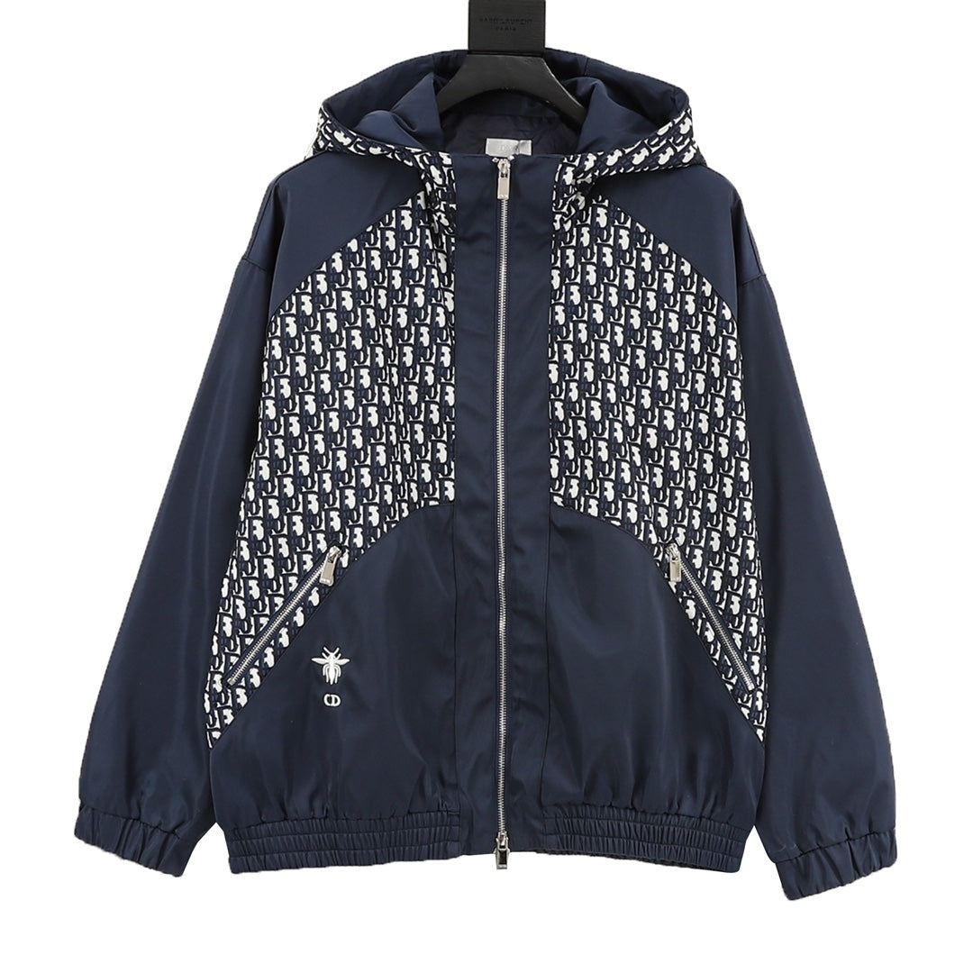 Dior Oblique Spliced Hooded Windbreaker Navy Blue